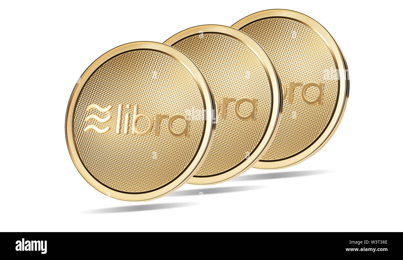 Concept of golden Libra coins with logo on front. New project of digital crypto currency payment.  3D render Coin placed on a white background. Stock Photo