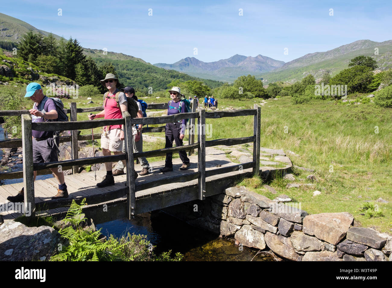 Ramblers crossing a wooden footbridge over a stream on a footpath in Snowdonia National Park. Capel Curig, Conwy, North Wales, UK, Britain Stock Photo
