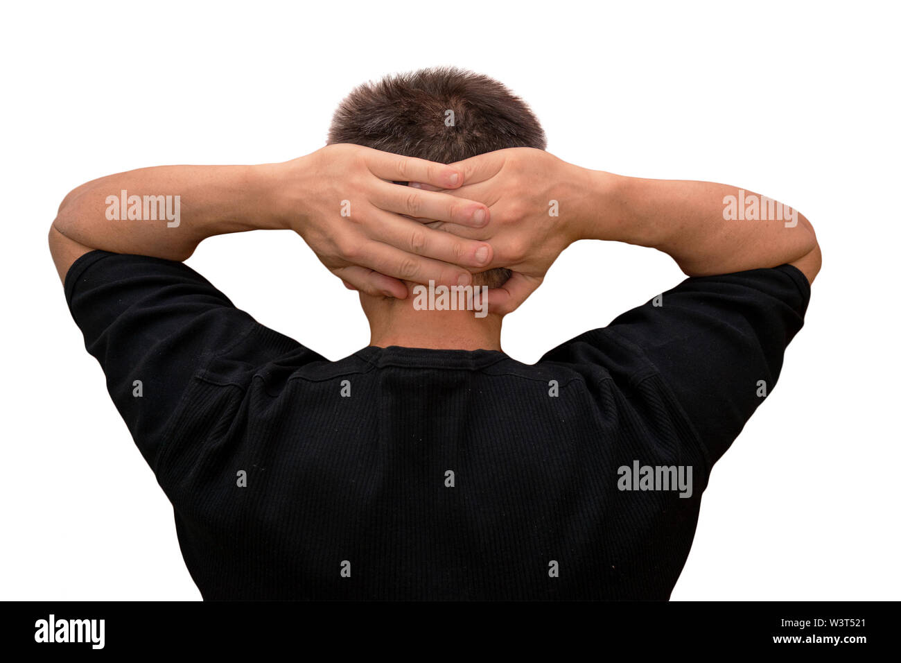 Guy put hands behind head. Isolated back faced portrait on white