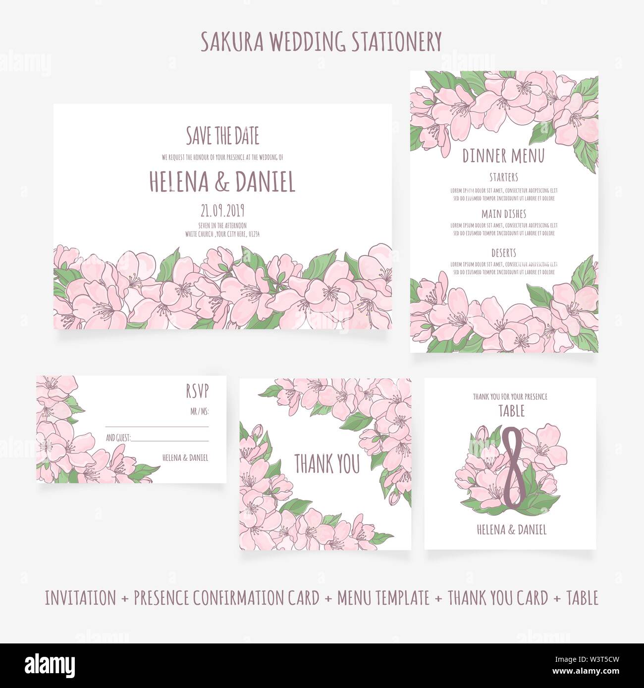 WEDDING STATIONERY Floral Design Template Vector Illustration Set for Print Inviting and ...