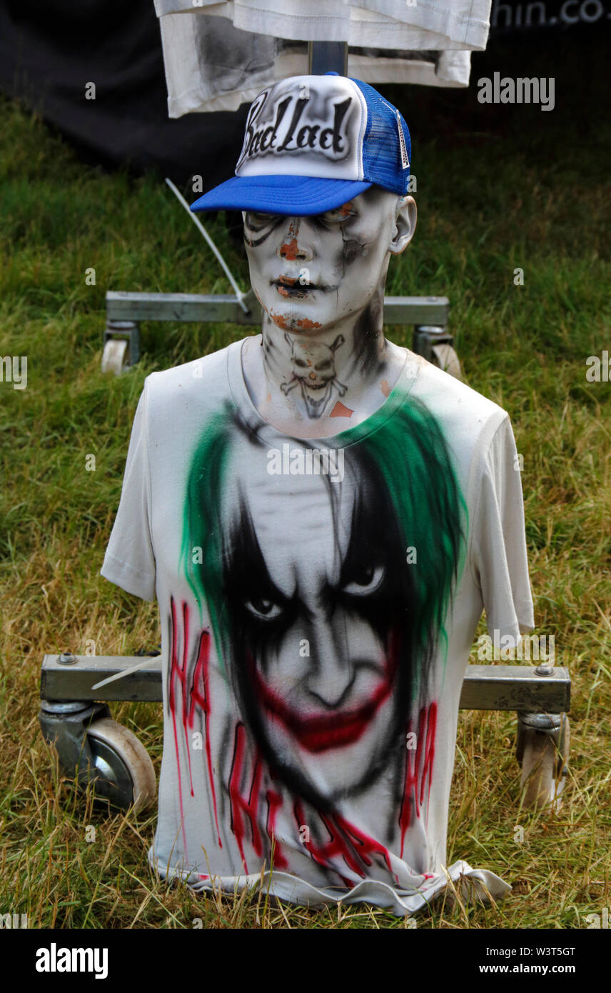 A horror shirt and bad lad baseball cap for sale at the 2019 Camper Jam  festival at Weston Park in Shropshire Stock Photo - Alamy