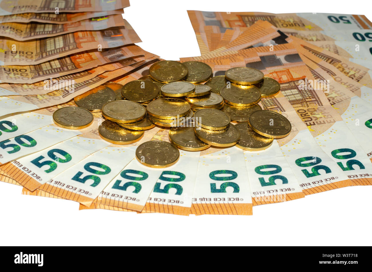 Bunch of money fifty Euros banknotes and Serbian Dinar coins Stock Photo Alamy