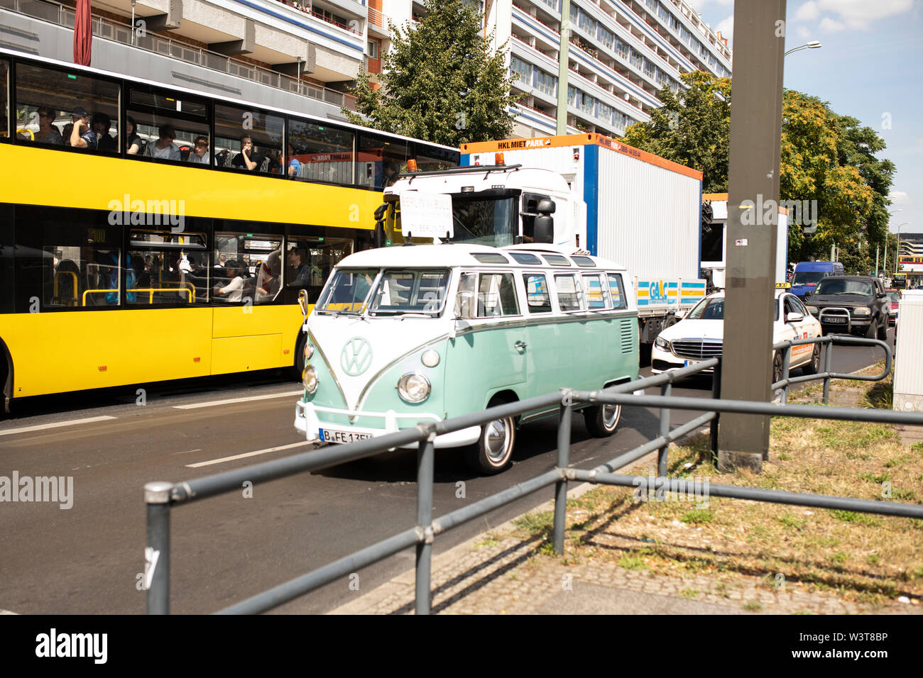 A vintage VW Volkswagen van on the streets of Berlin, Germany, near Alexanderplatz. Stock Photo