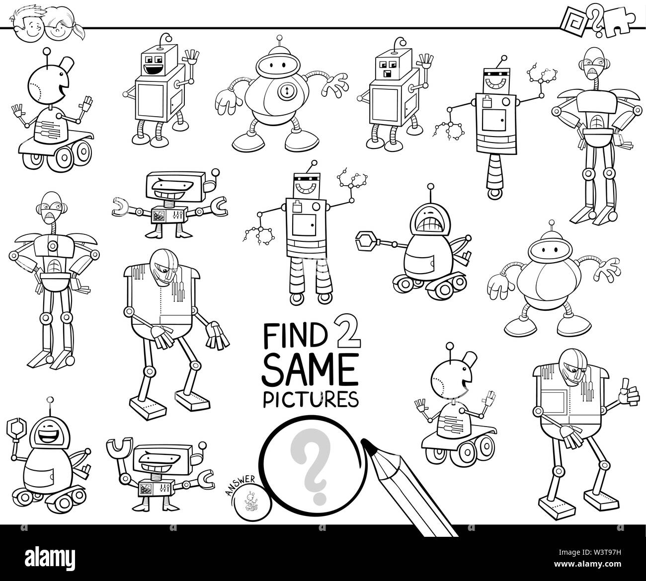 Black and White Cartoon Illustration of Finding Two Same Pictures ...
