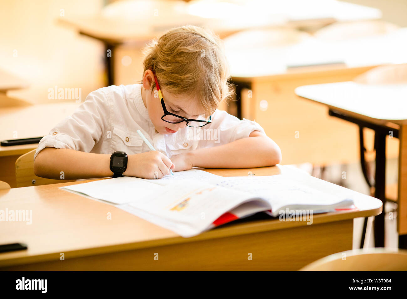 Happy Cute Clever Boy Is Sitting At A Desk In A Glasses With