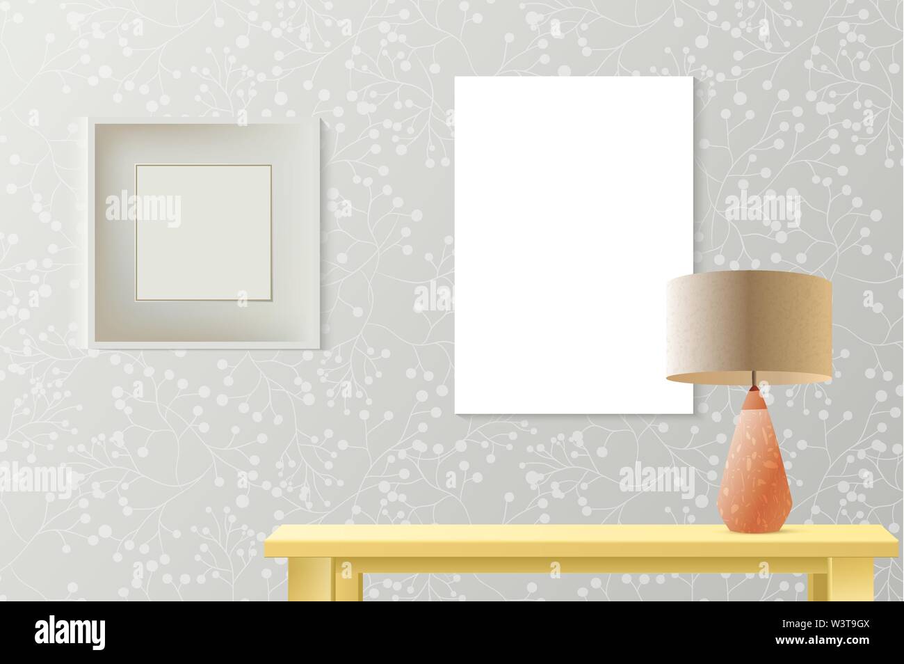 Interior room realistic mockup with frame,poster, picture on patterned wall, wooden table, lamp. Layered and editable,fashion trendy warm colors. Vector mockup for business or artwork presentation Stock Vector