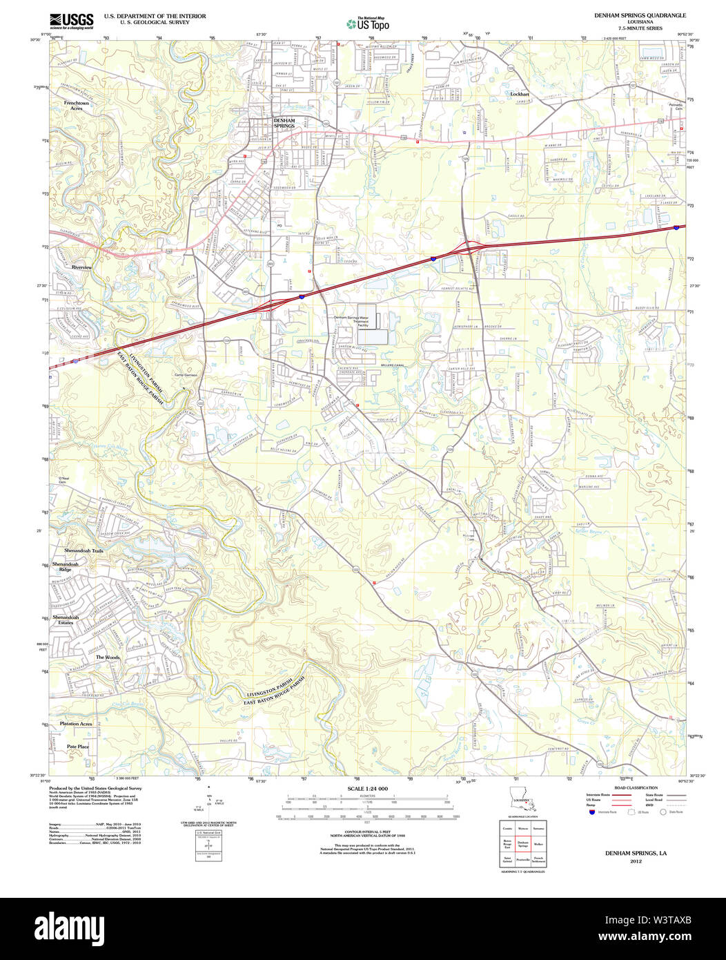 USGS TOPO Map Louisiana LA Denham Springs 20120328 TM Restoration Stock Photo