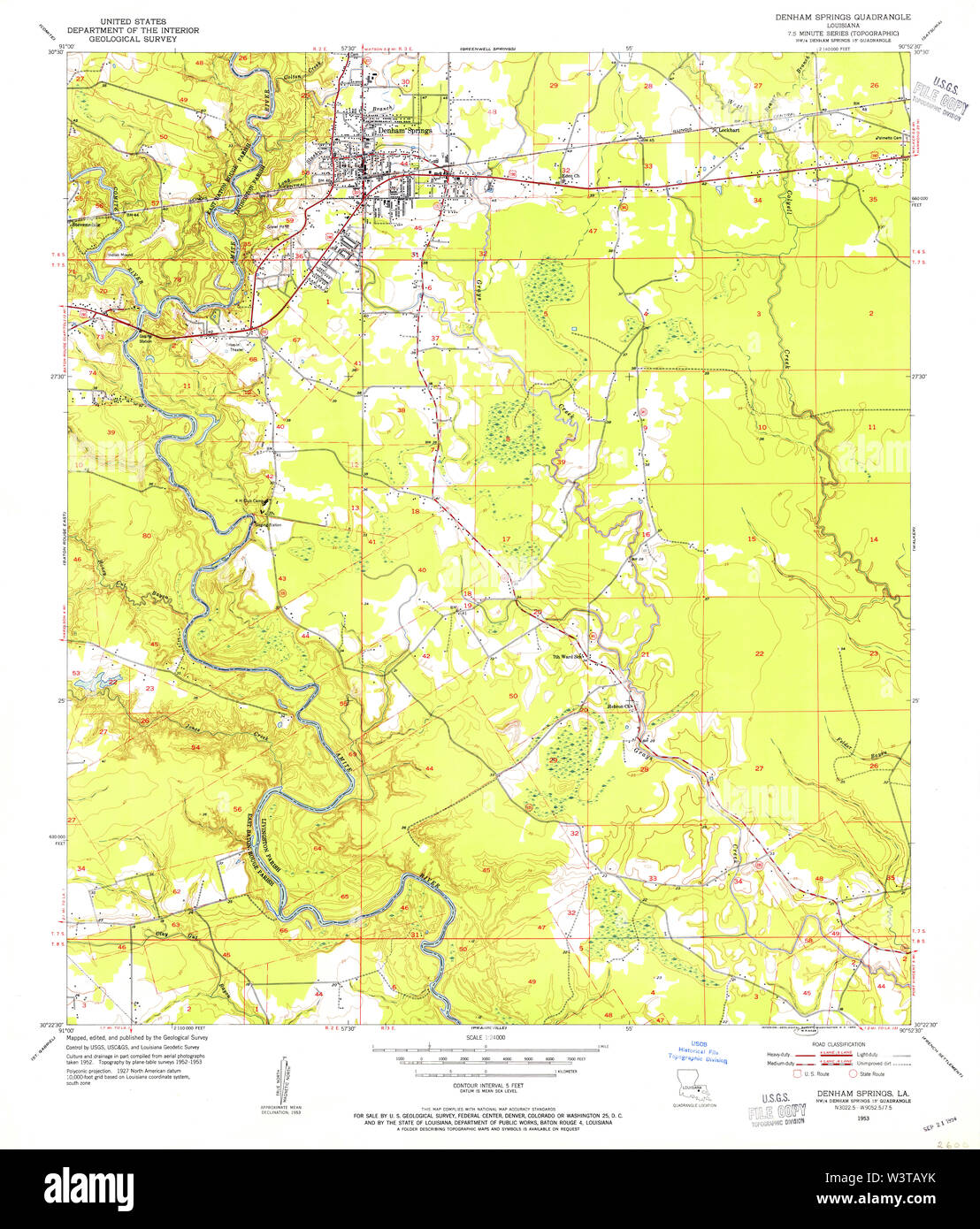 USGS TOPO Map Louisiana LA Denham Springs 331826 1953 24000 Restoration Stock Photo