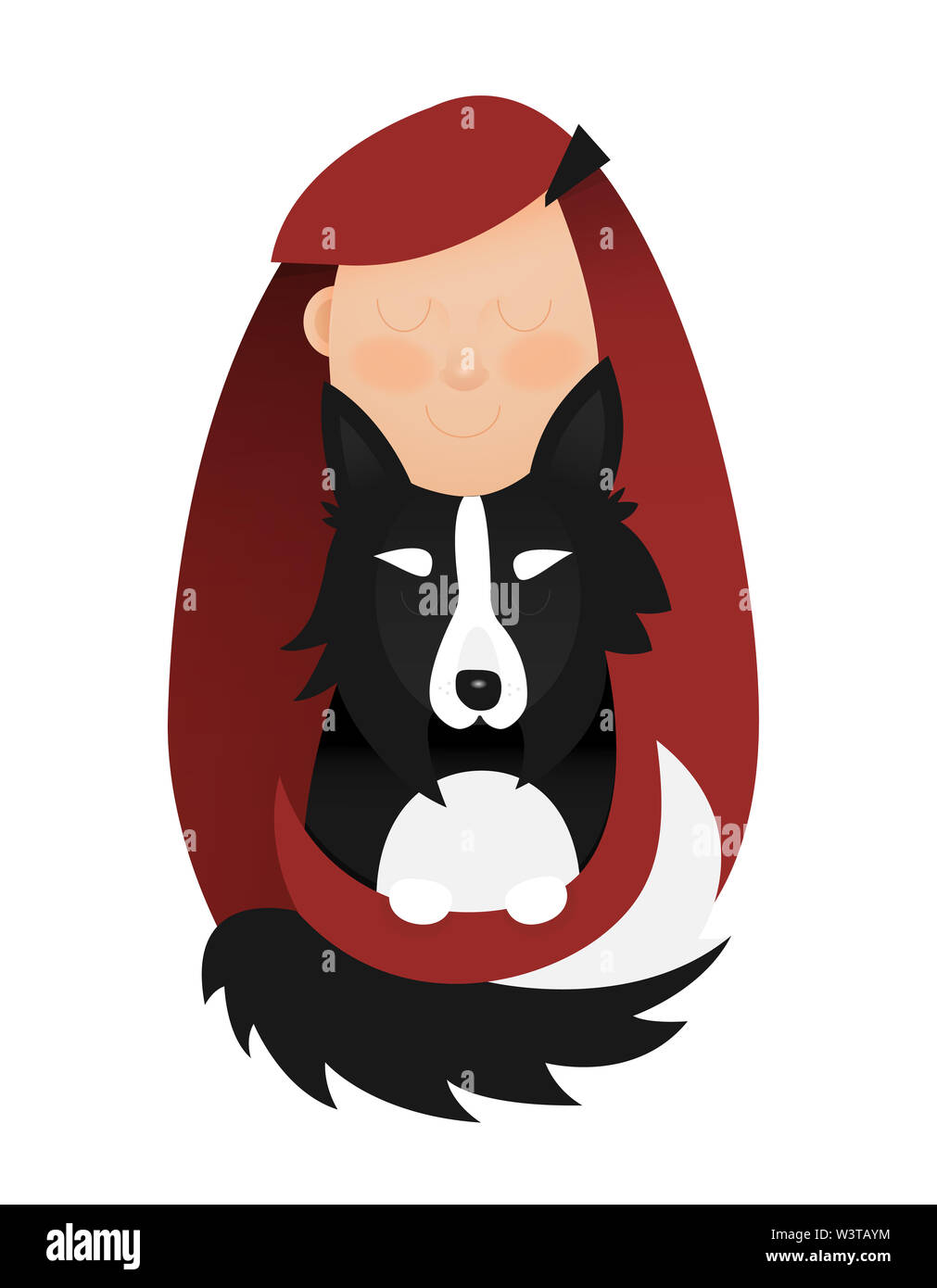 Illustration of young girl hugging, petting, holding the dog. Redheaded Girl with Black and White Border Collie. Stock Photo