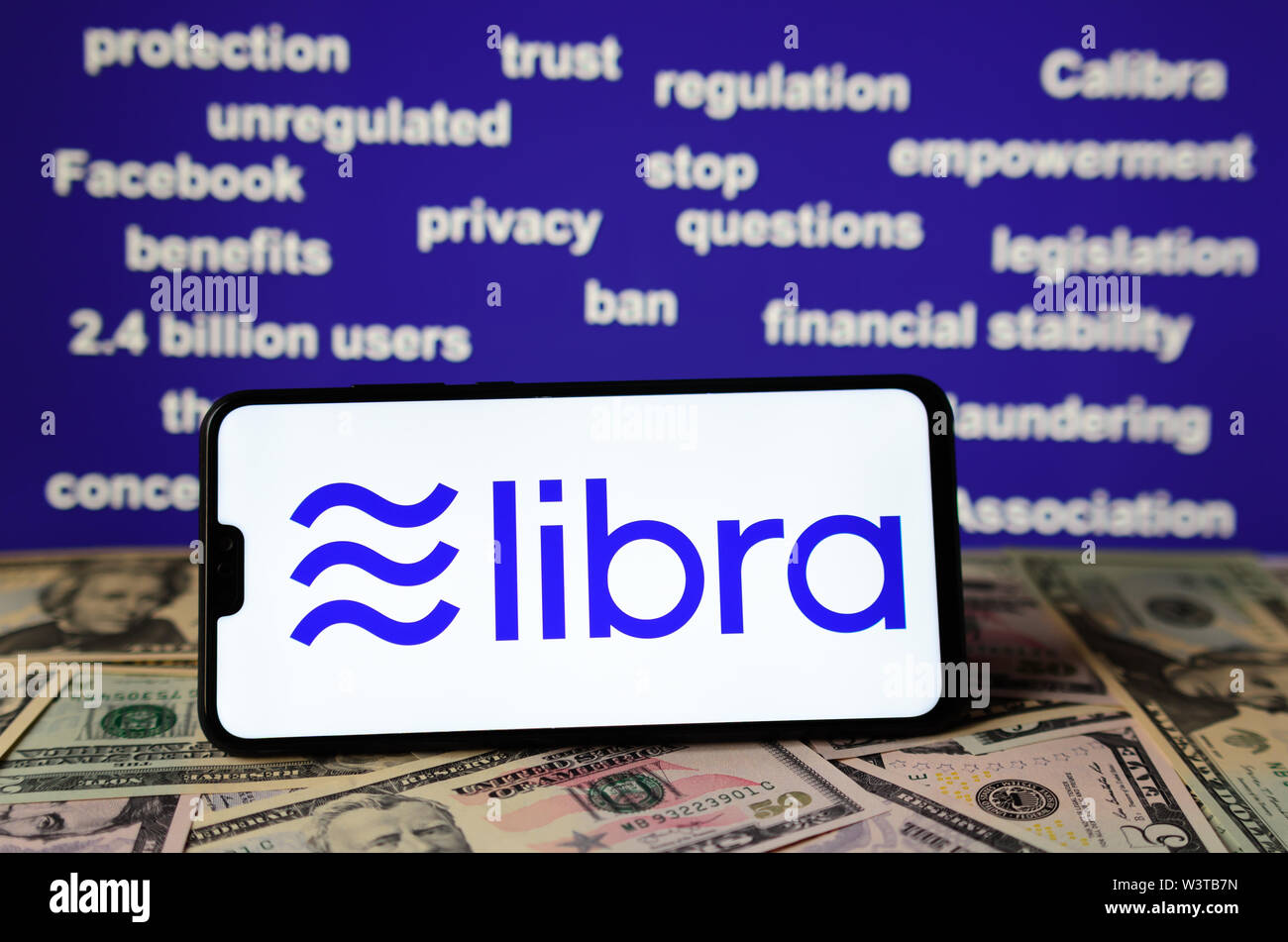 Facebook Libra Hearing at the House Financial Services Committee.Libra logo on the screen with the keywords from the hearing process at the background Stock Photo