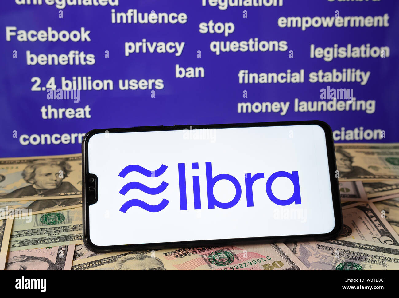 Facebook Libra Hearing at the House Financial Services Committee.Libra logo on the screen with the keywords from the hearing process at the background Stock Photo