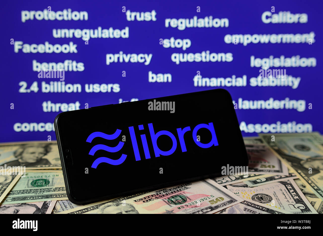 Facebook Libra Hearing at the House Financial Services Committee.Libra logo on the screen with the keywords from the hearing process at the background Stock Photo