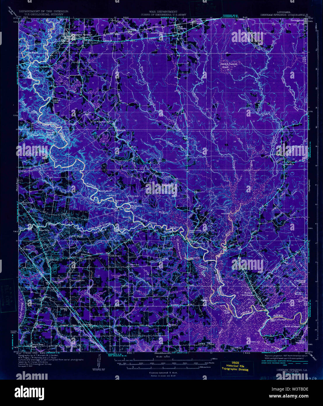 USGS TOPO Map Louisiana LA Denham Springs 334456 1934 62500 Inverted Restoration Stock Photo