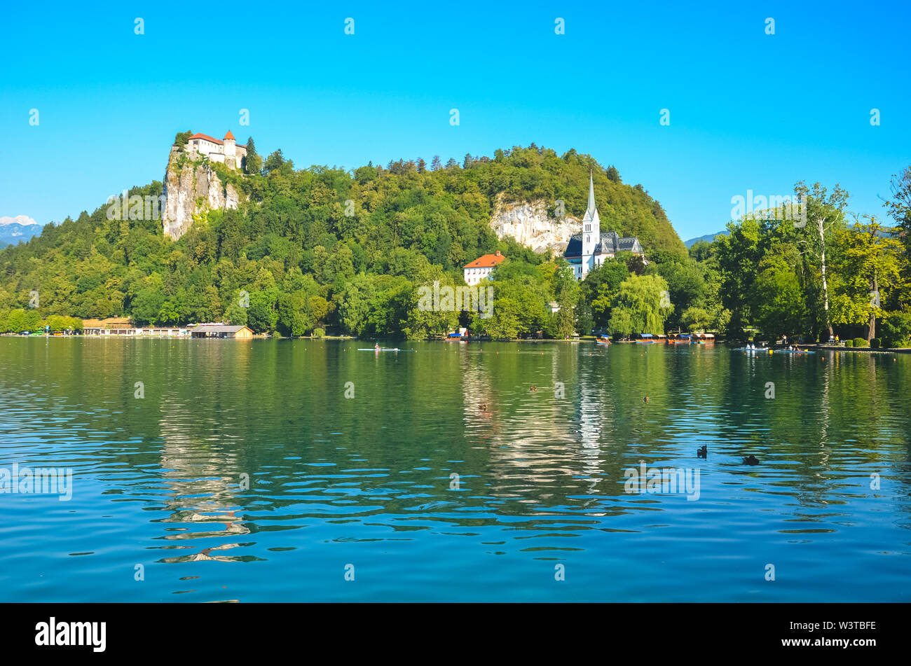 Historical Bled Castle surrounded by beautiful lake in Bled, Slovenia. Bled Lake is a popular travel destination and popular holiday spot. History, ancient, Europe. Stock Photo