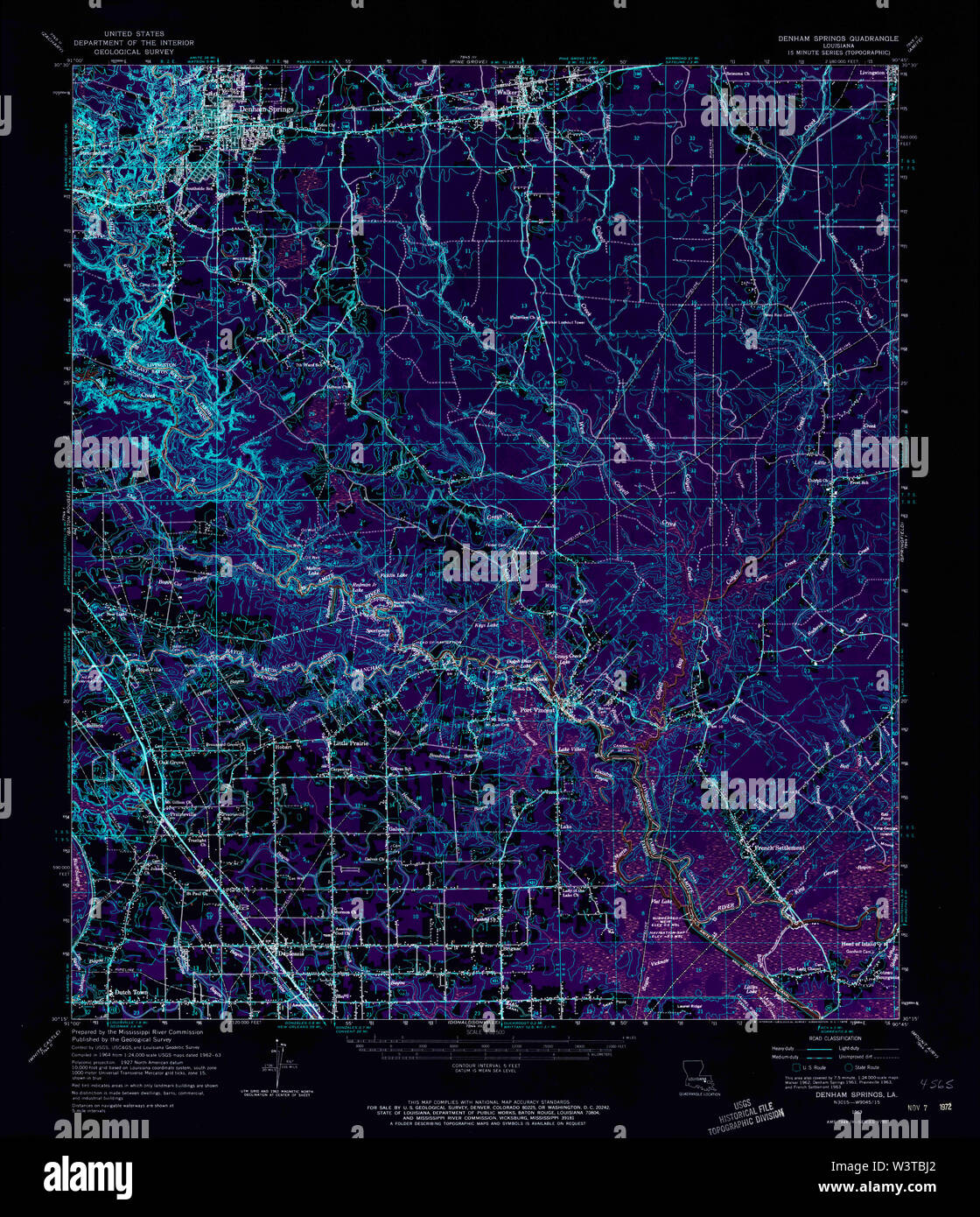 USGS TOPO Map Louisiana LA Denham Springs 334461 1963 62500 Inverted Restoration Stock Photo