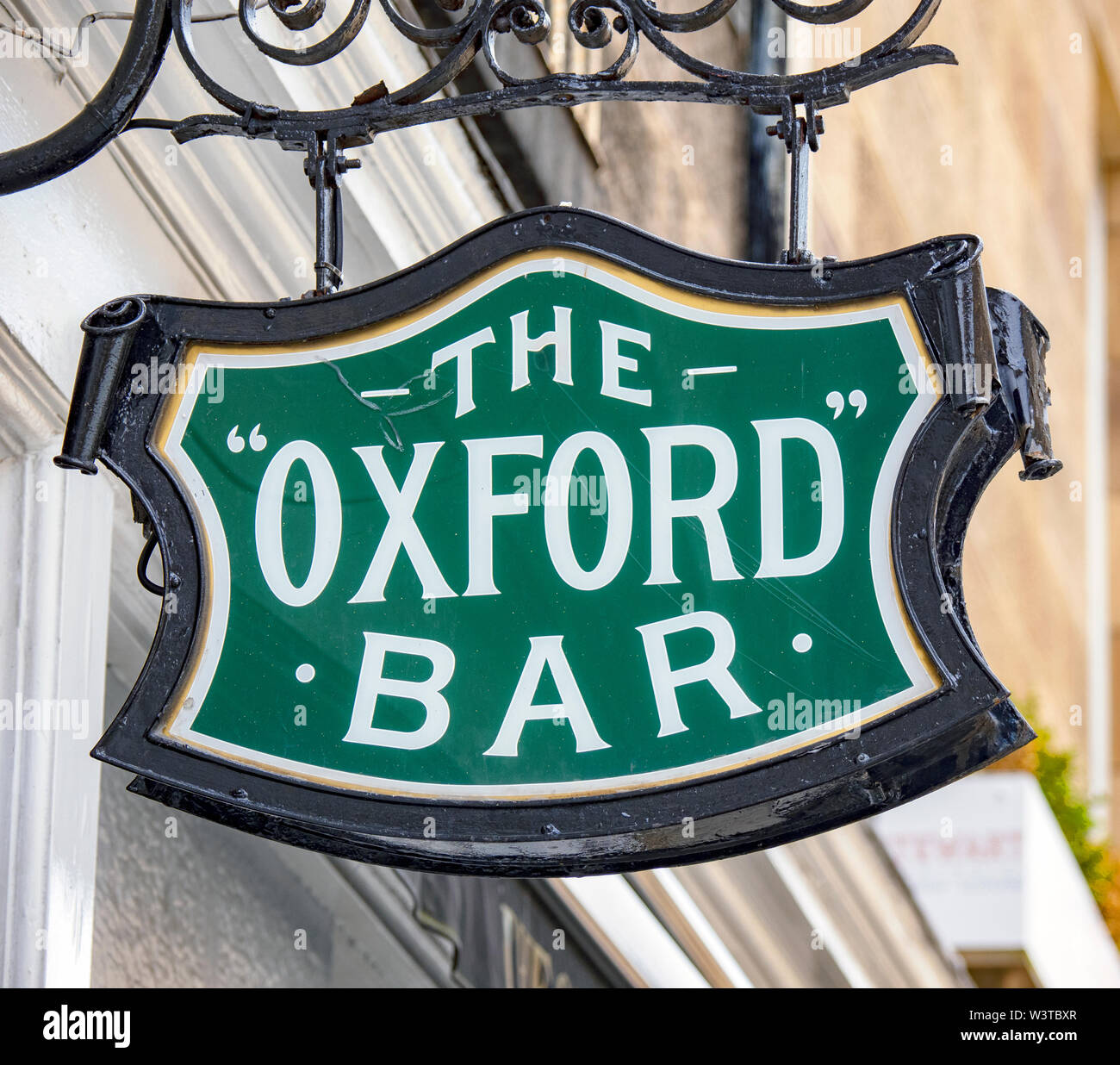 The pub sign of the Oxford Bar, Edinburgh, the favourite pub of Inspector Rebus, the fictional character created by author Ian Rankin. Stock Photo