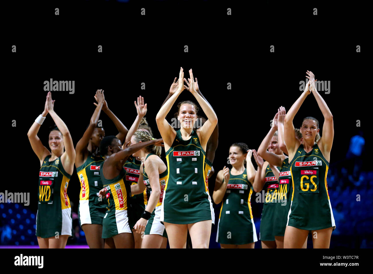 South Africa players celebrate reaching the semi finals at the end of the Netball World Cup match at the M&S Bank Arena, Liverpool. Stock Photo