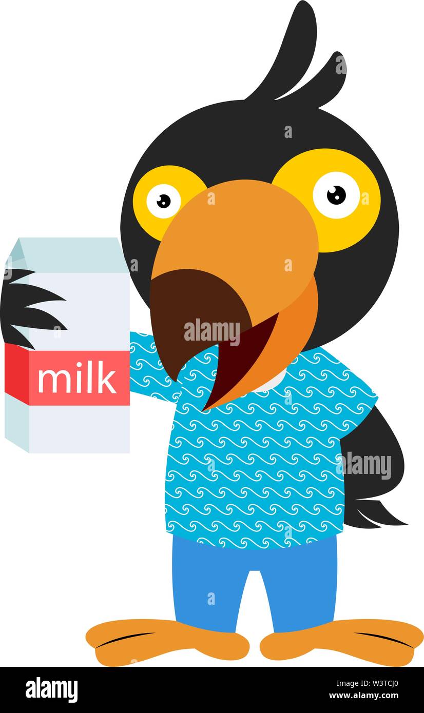 Bird holding milk, illustration, vector on white background. Stock Vector