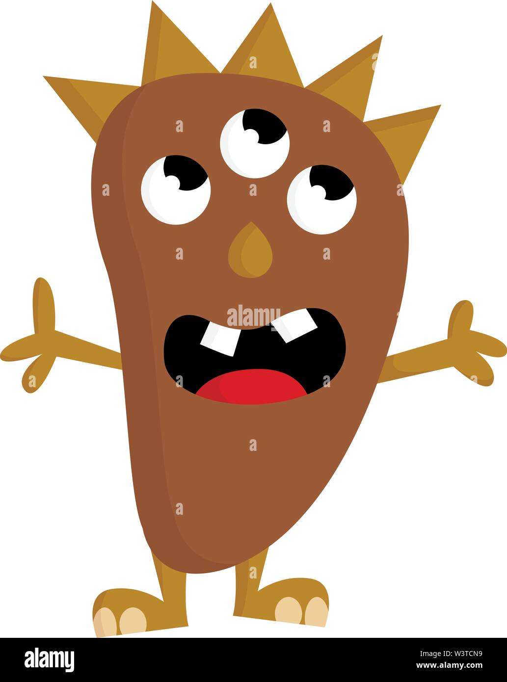 A brown monster with 3 eyes and a sharp hair, vector, color drawing or illustration. Stock Vector
