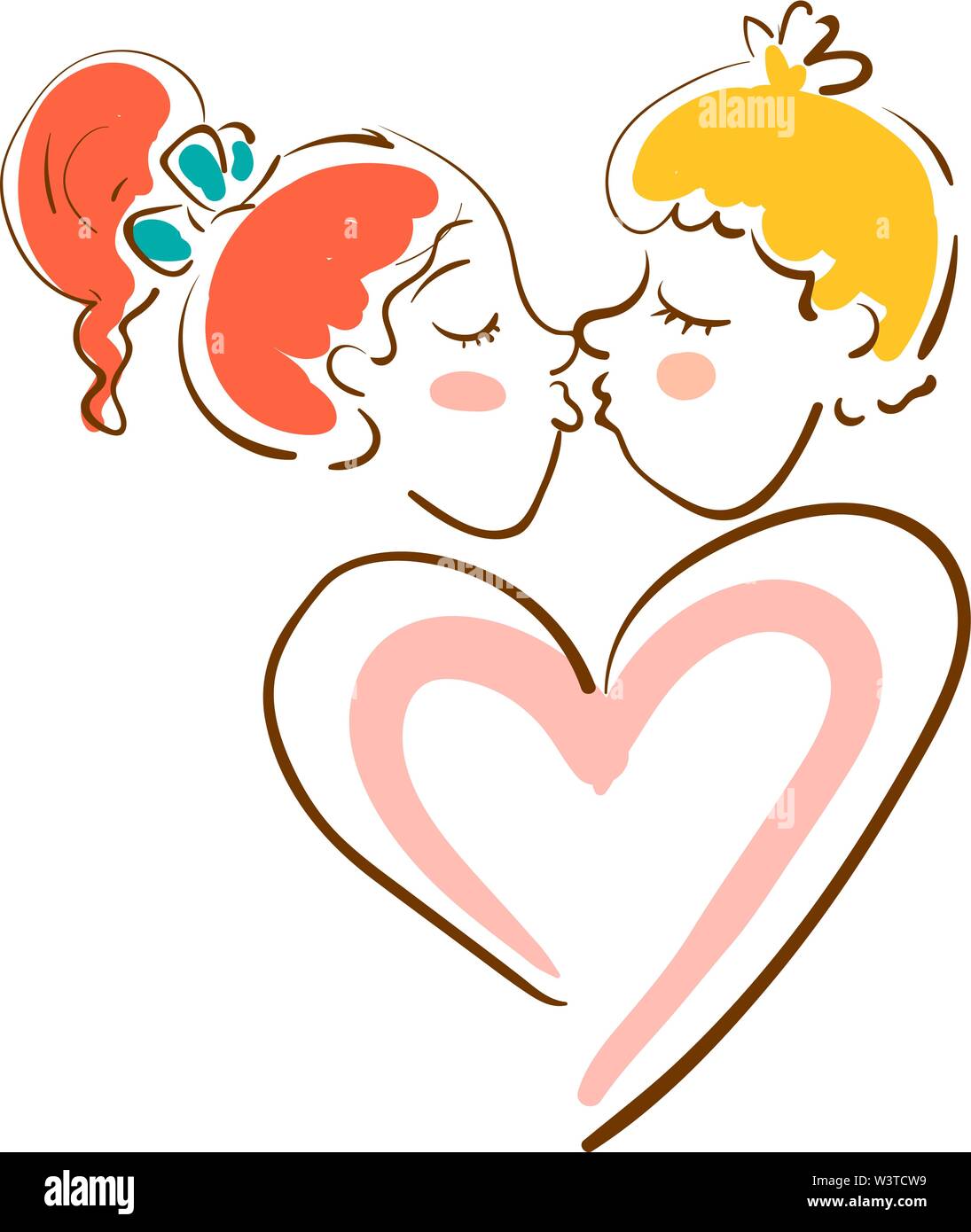 A red haired girl and a yellow haired boy kissing with a heart shaped ...