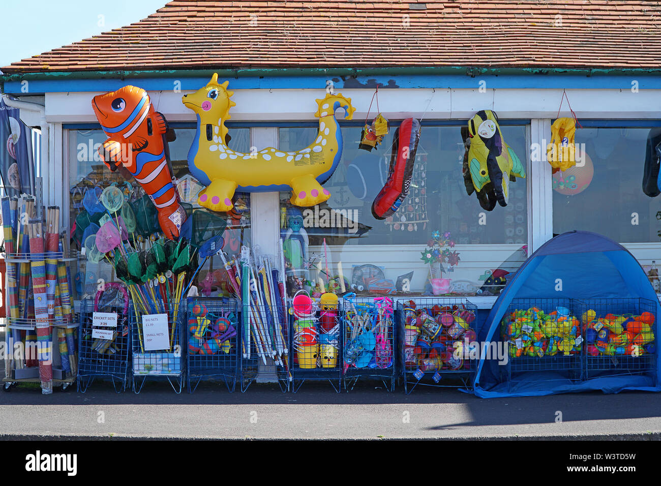 A traditional seaside shop in the UK selling beach toys, buckets and