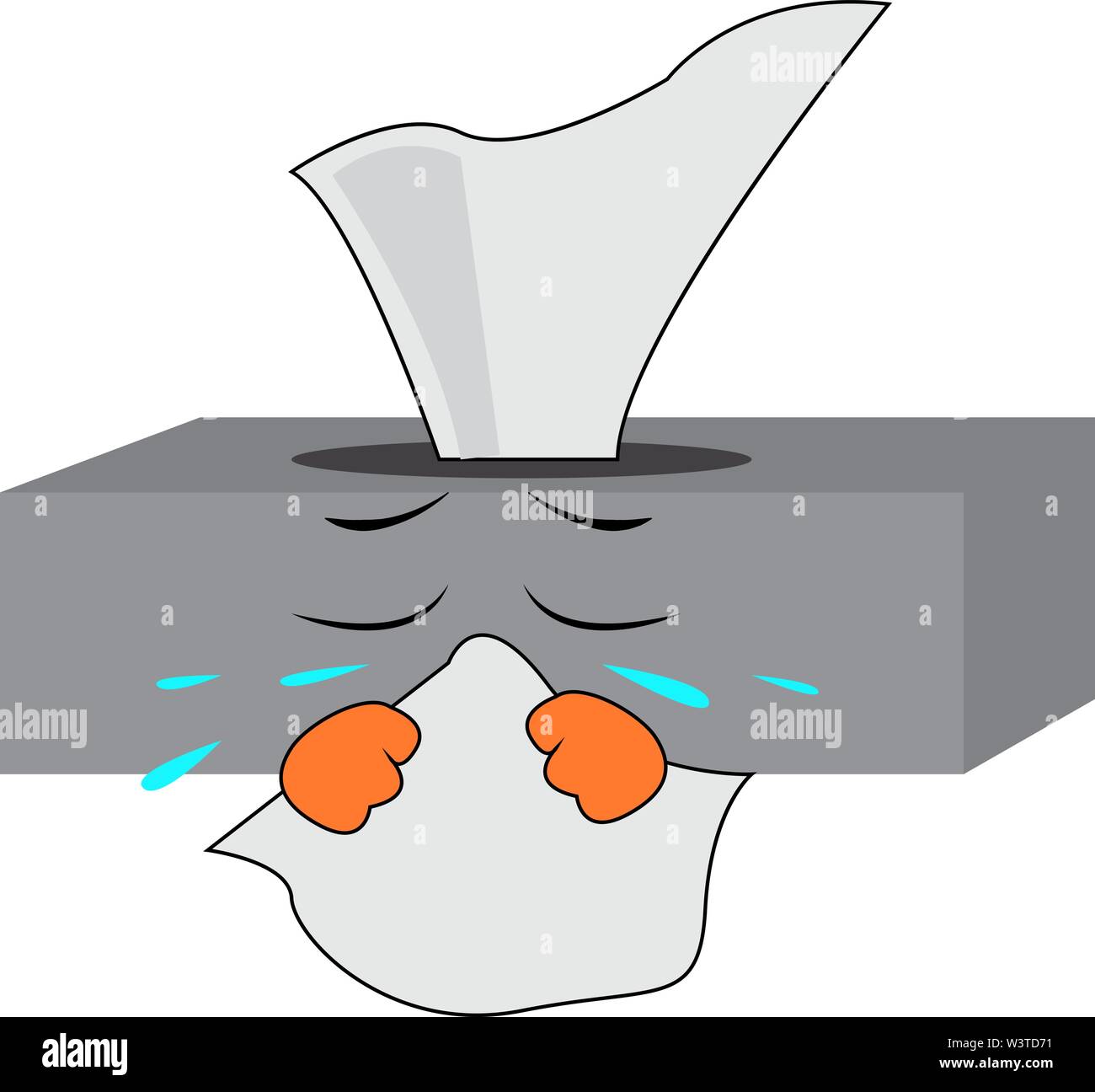 A cartoon of a crying napkin box blowing his nose, vector, color drawing or illustration. Stock Vector