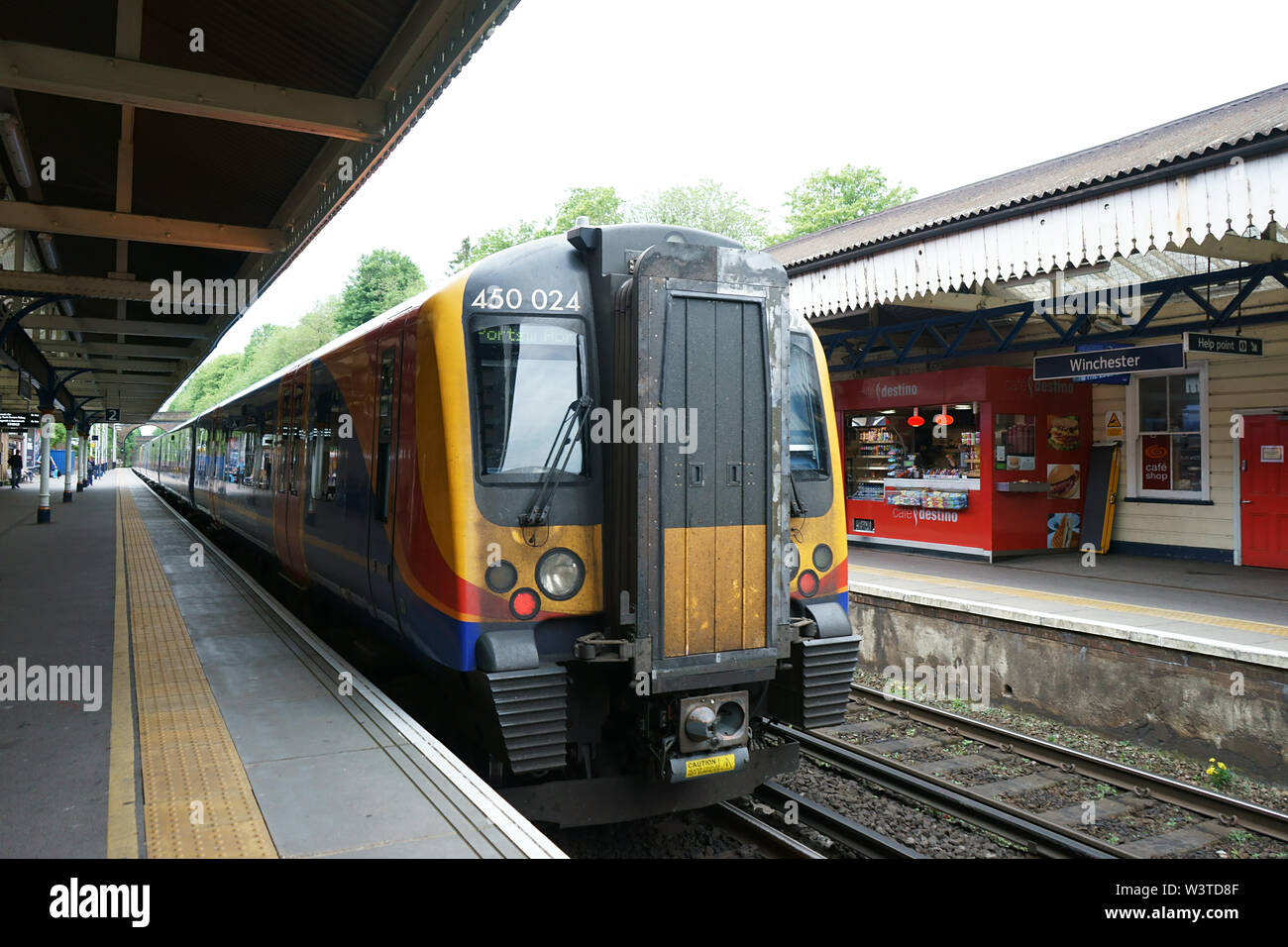 South Western Railway train, from London to Winchester, uk - Winchester central station Stock Photo