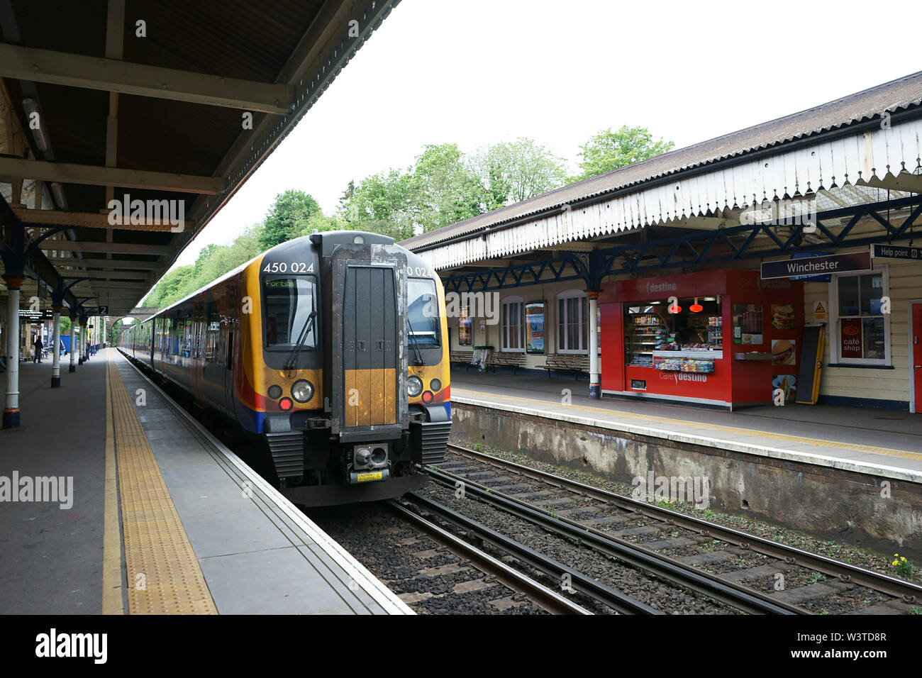 South Western Railway train, from London to Winchester, uk - Winchester central station Stock Photo