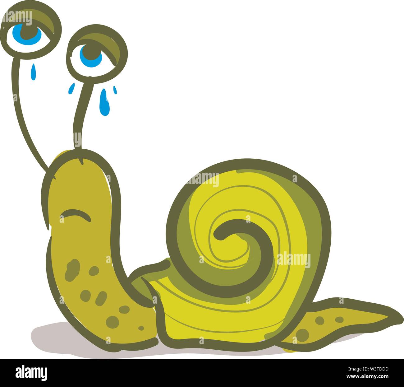 A cartoon of a green snail crying, vector, color drawing or illustration. Stock Vector