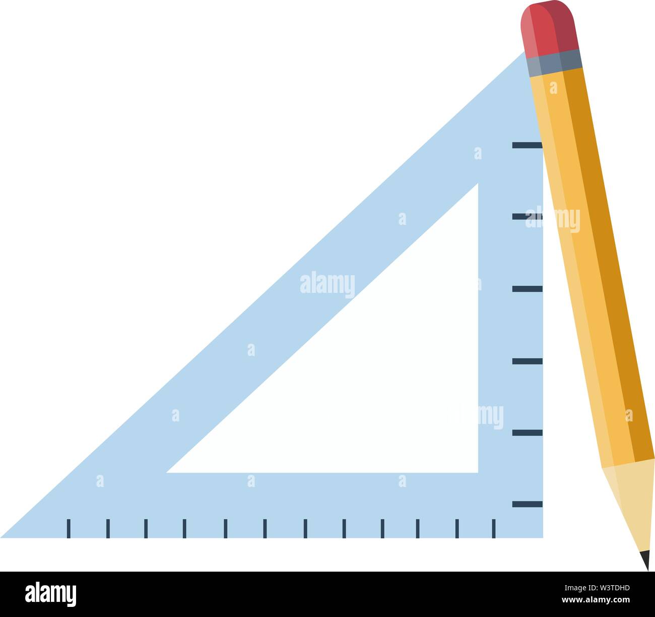 A triangle ruler and yellow pencil, vector, color drawing or