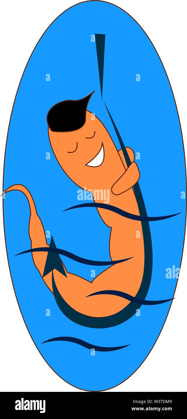 A brown worm hanging on a blue hook as a bait, vector, color drawing or illustration. Stock Vector