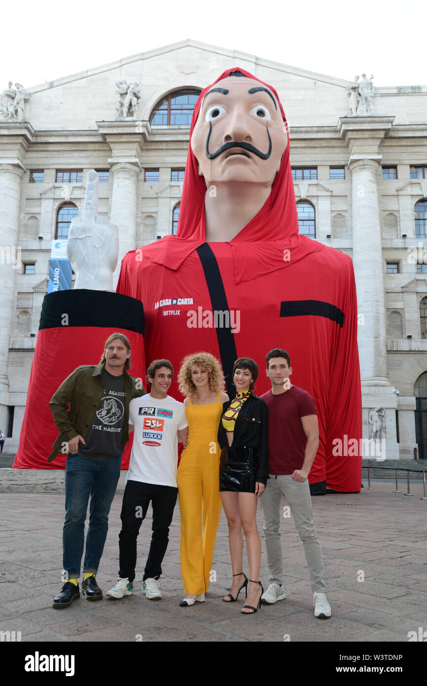 Milan, Italy. 17th July, 2019. Milan, "The paper house" business square is  transformed for the premiere of the third season of the Netflix series -  Luka Peroš, Miguel Herrán, Jaime Lorente, Úrsula