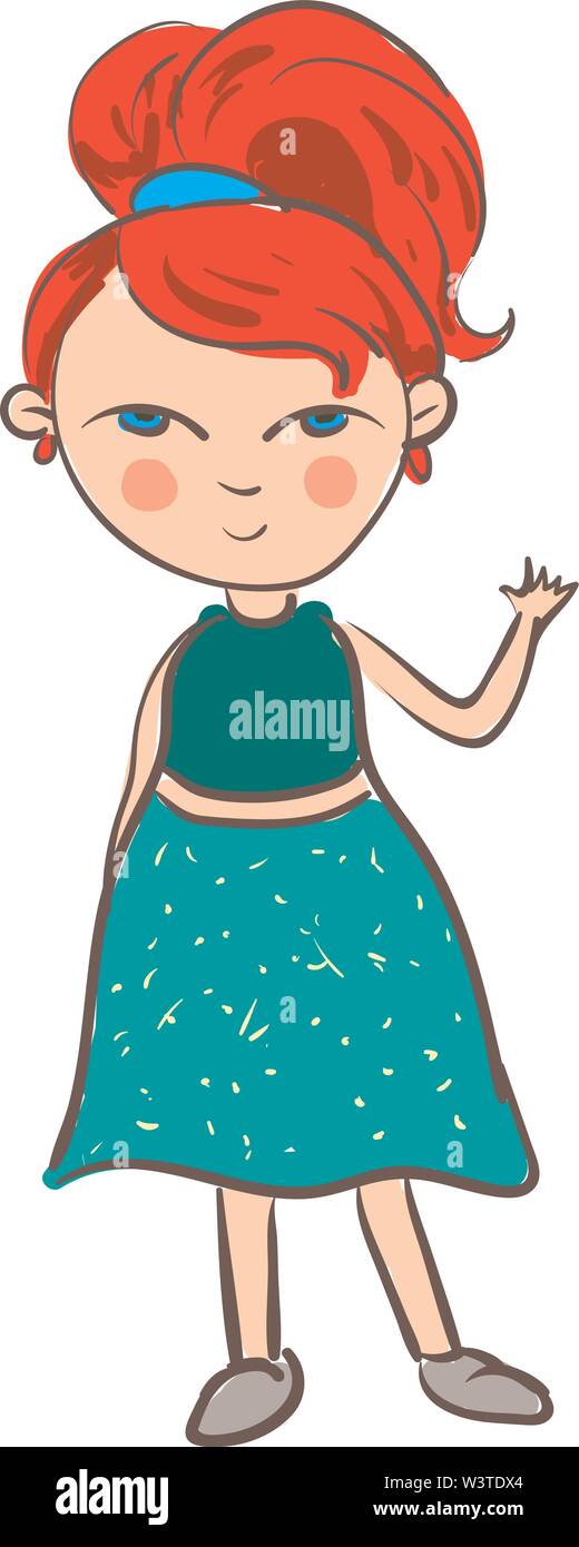 A girl in a green dress with blue eyes, red earrings and a red hair ...