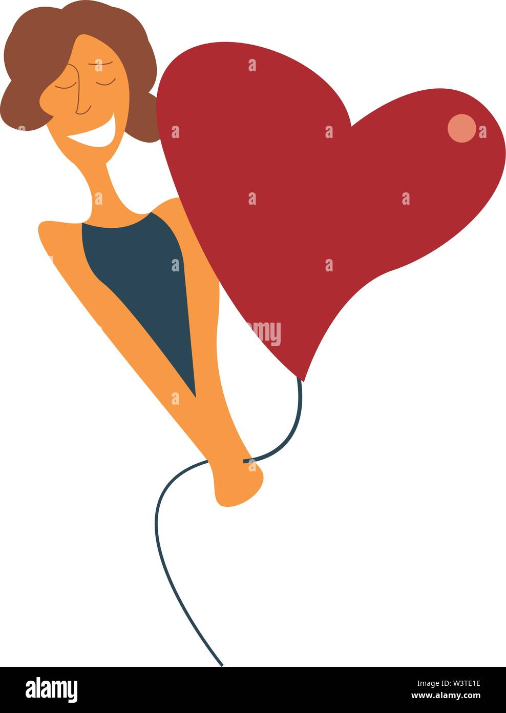 A happy girl in a blue shirt holding a red heart shaped balloon, vector ...