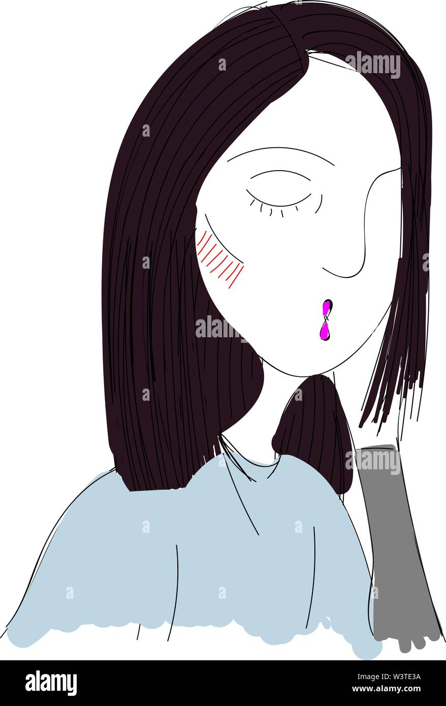 A Girl With Eyes Closed Straight Hair Blue Shirt And Pink Lips