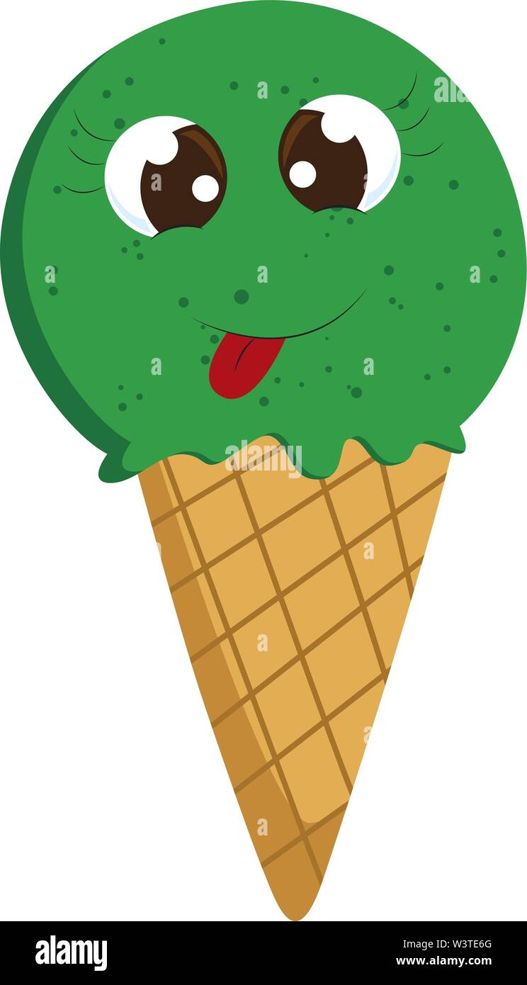 A Cartoon Of A Happy Green Ice Cream In A Cone With Cute Eyes