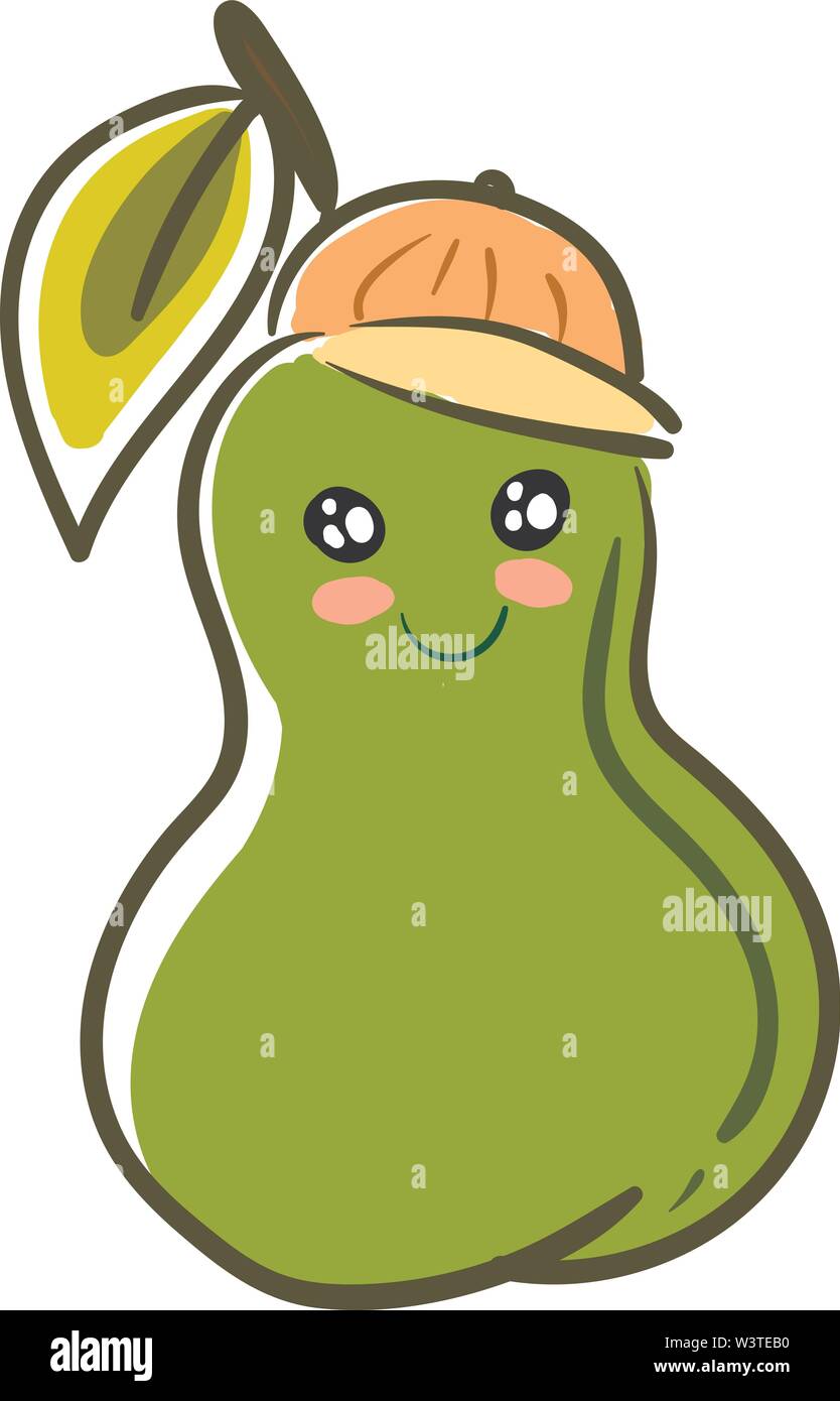 A cartoon of a happy green pear with a rosy cheeks and a hat, vector ...