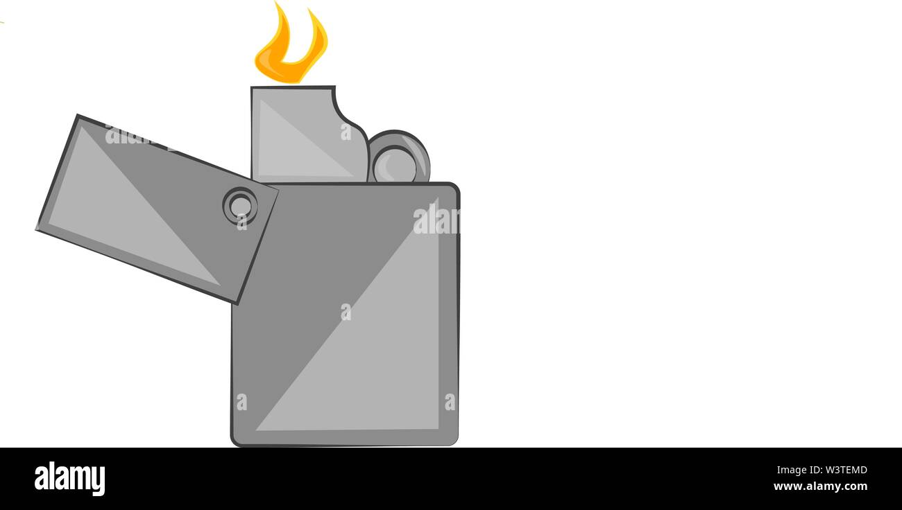 A gray metal lighter with red and orange flame, vector, color drawing or illustration Stock