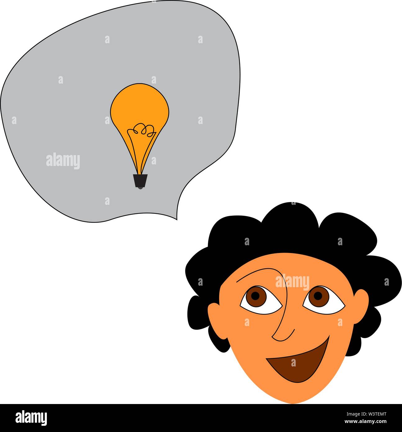 A happy brown little boy with a curly hair thinking and a color yellow bulb above his head, vector, color drawing or illustration. Stock Vector
