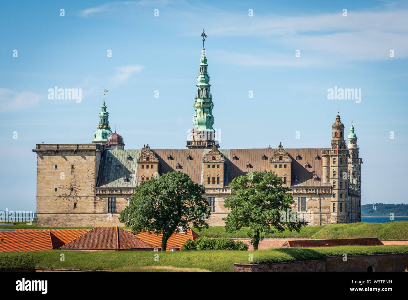 Skyline of Kronborg Castle and walls from the moats in Elsinore, Denmark, June 16, 2019 Stock Photo