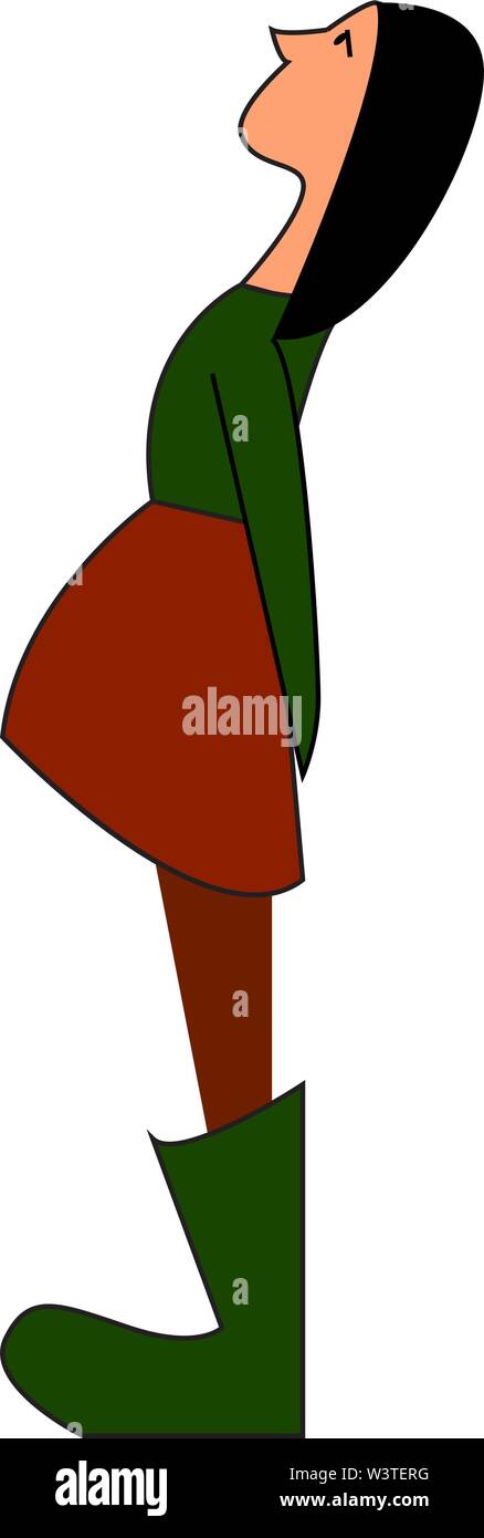 A little girl in green shirt with a red skirt and a green shoes, vector ...