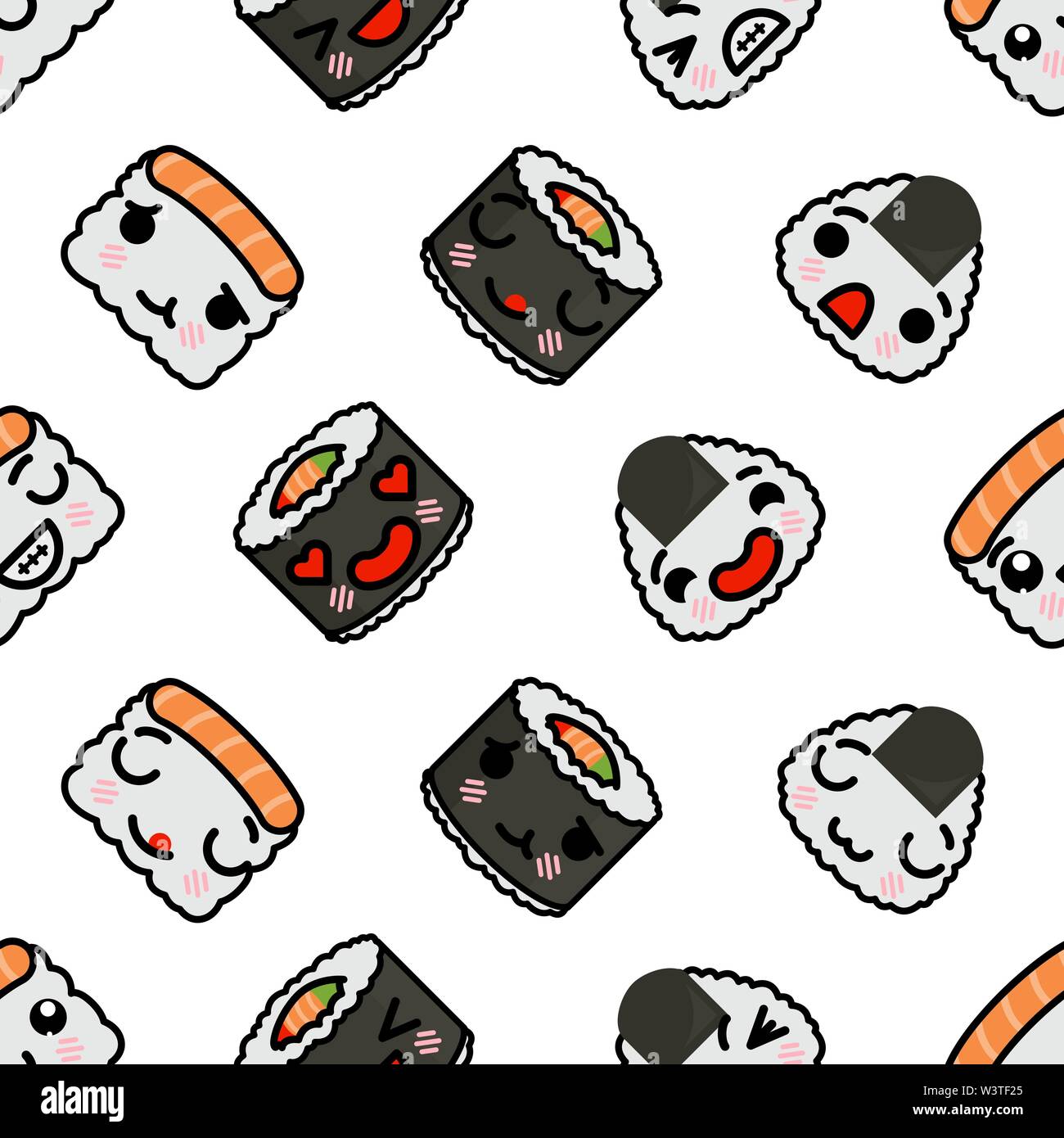 Seamless pattern with cute kawaii emoji sushi. vector cartoon illustration Stock Vector
