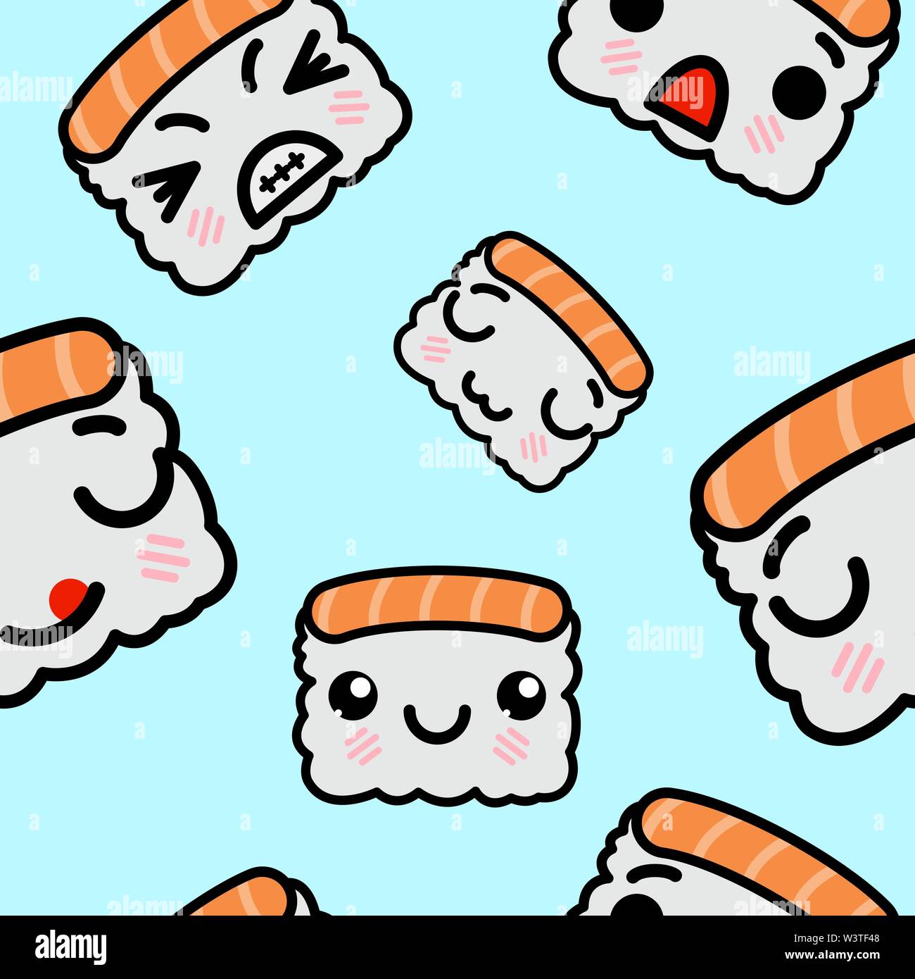 Seamless pattern with cute kawaii emoji sushi. vector cartoon illustration Stock Vector