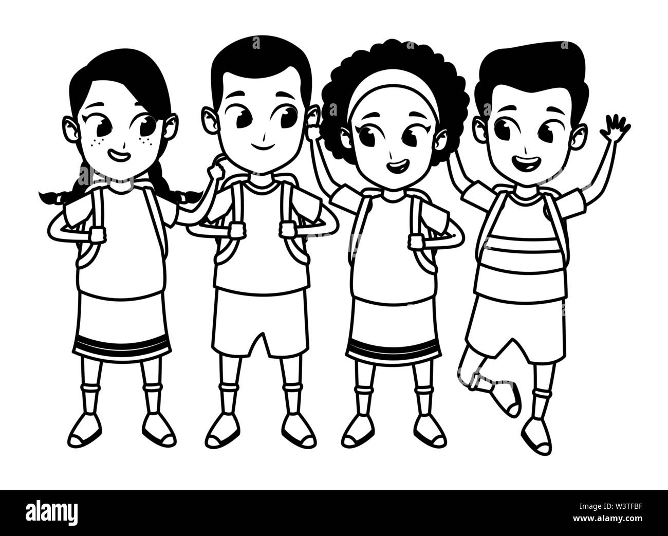 childhood cute school students cartoon in black and white Stock Vector ...