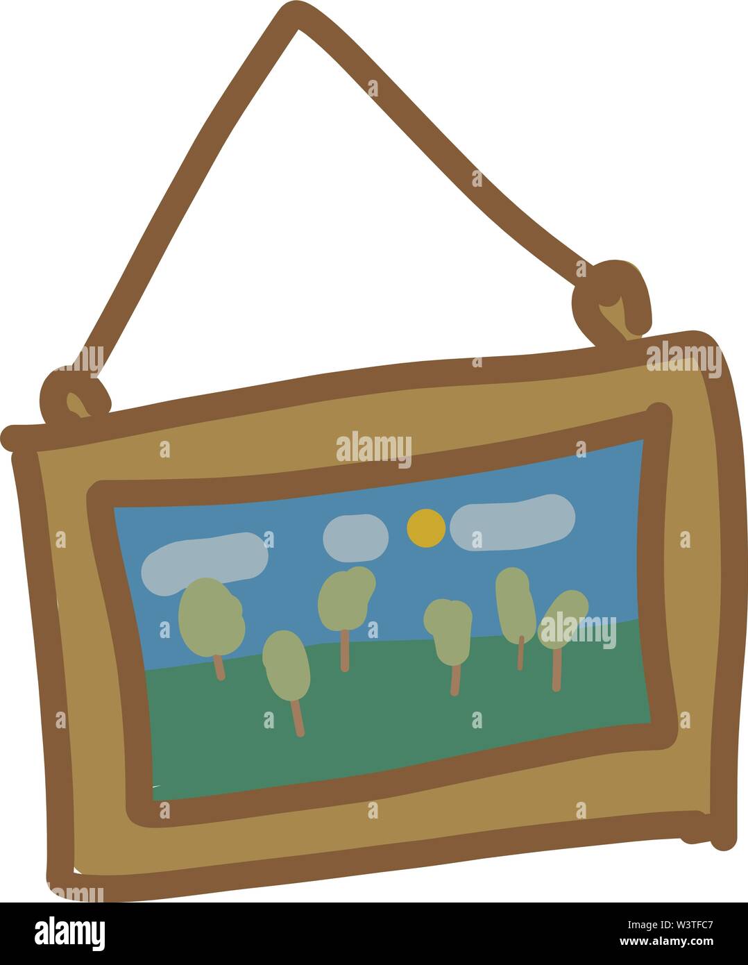 A picture frame hanging from the wall with a natural scenery, vector, color drawing or illustration. Stock Vector