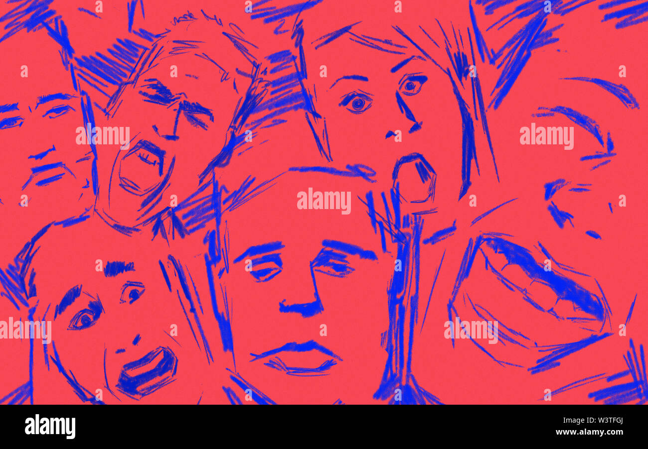 Emotional intelligence expressed by different face expressions. Red and blue sketch style. Stock Photo