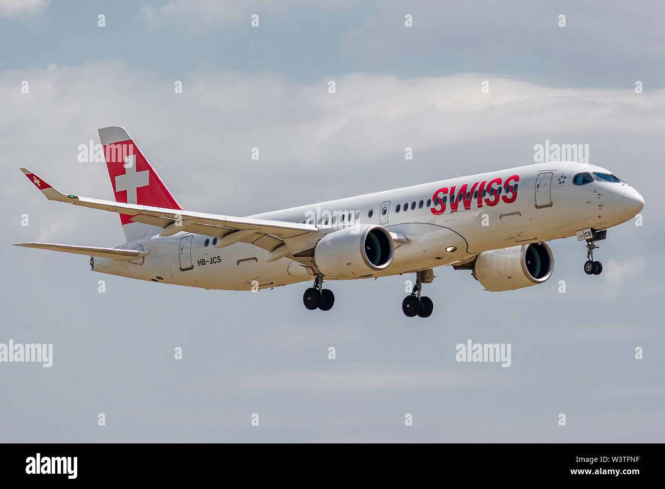 HB-JCS Airbus A220-300-55045 on July 11, 2019, landing on the slopes of Paris Roissy at the end of flight Swiss LX638 from Zurich Stock Photo