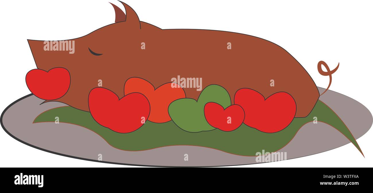 Fully roasted brown pig with tomatoes, vector, color drawing or illustration. Stock Vector
