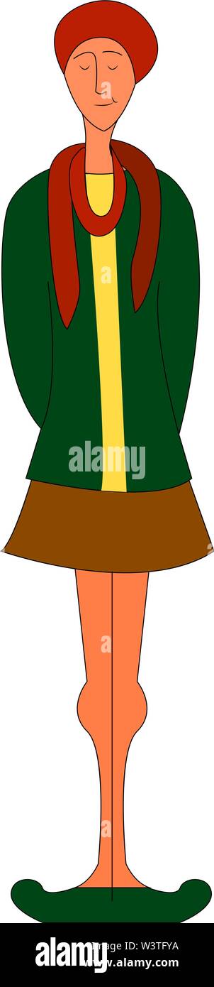 A tall woman in green dress wearing a red scarf, vector, color drawing or illustration. Stock Vector
