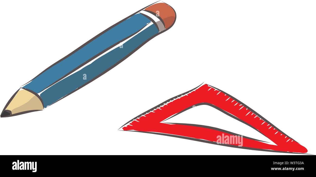 A blue pencil with a rubber and a ruler, vector, color drawing or ...